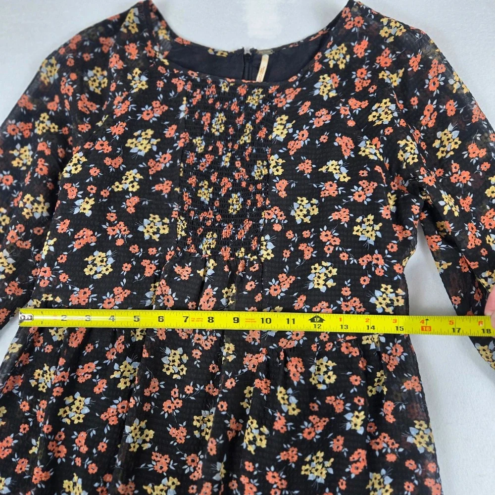 Free People Floral Mini Dress Womens S Black Good Smocked Long Sleeve Boho (D11)